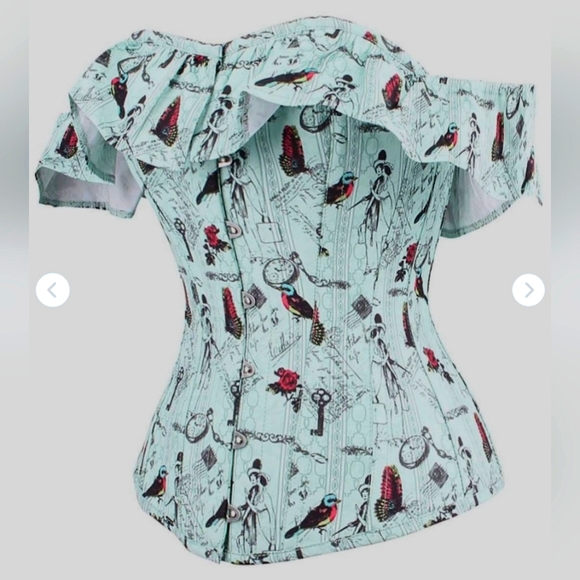 Corset Story Tops - Turquoise Bird/Victorian Print Corset with Blue Lacing & Off-The-Shoulder